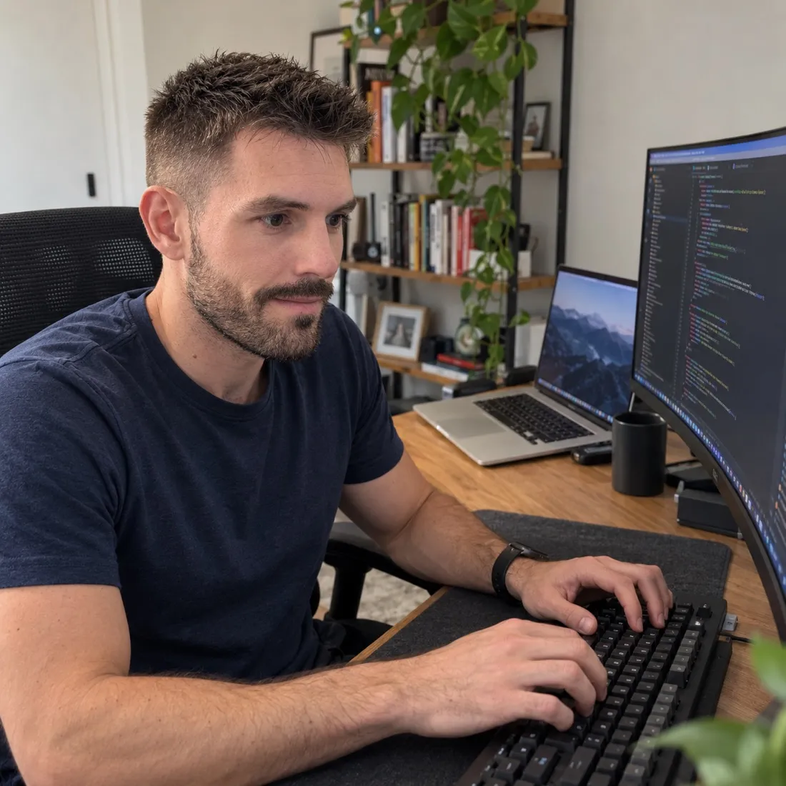 Billy Berthod, développeur web freelance, concentré devant son écran de code