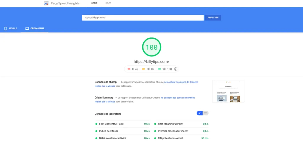 Score de performance Google PageSpeed Insights