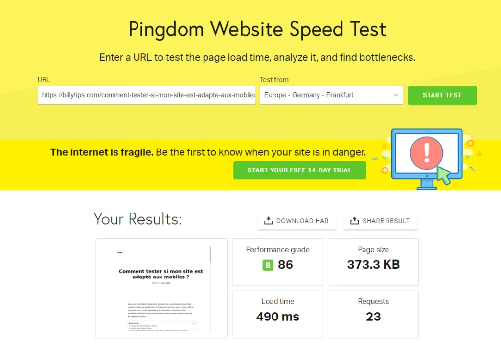 Résultats du test de performance Pingdom