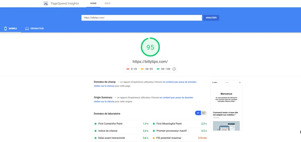 Score Google PageSpeed Insights sur mobile