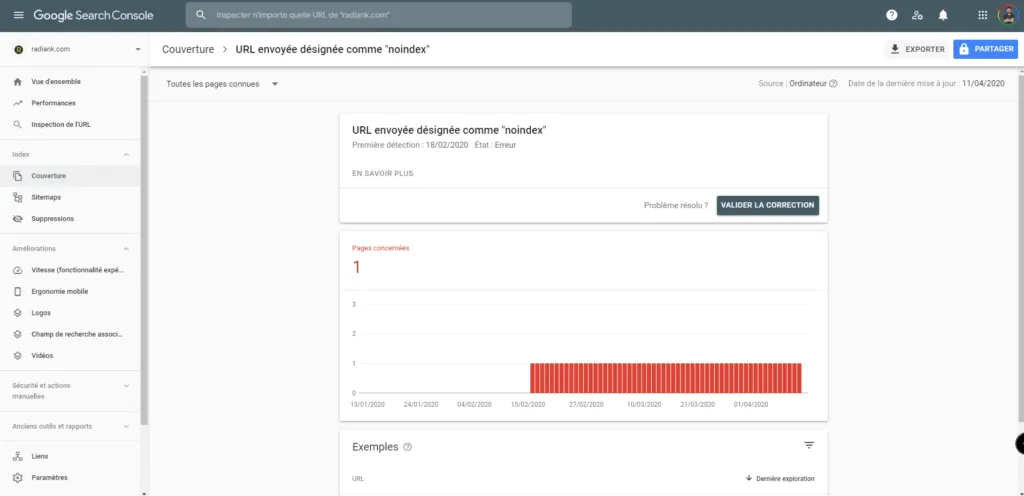 Page de validation des corrections dans la Search Console