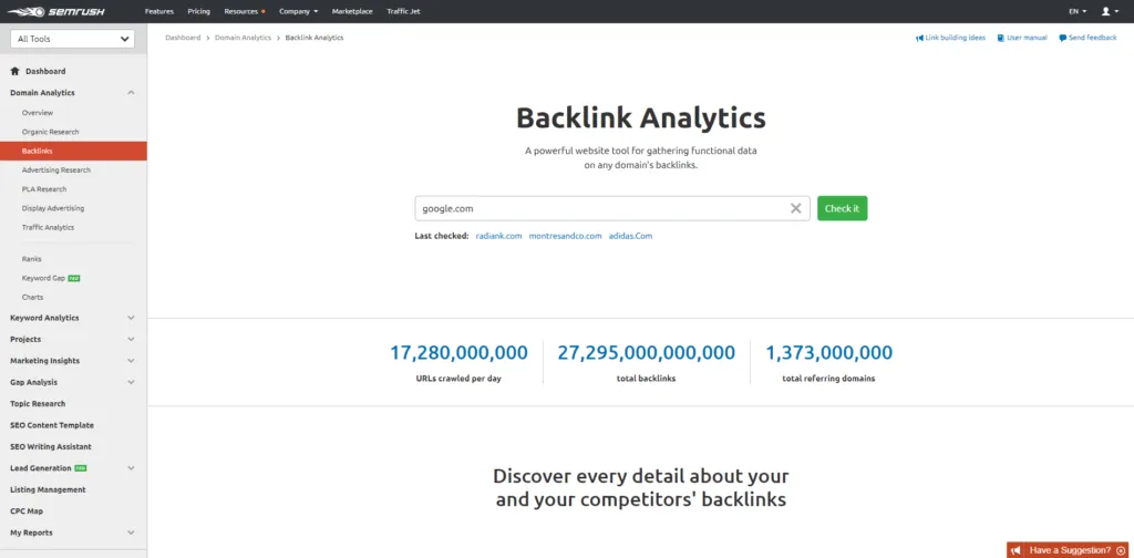 Section Domain Analytics et Backlinks dans SEMRush
