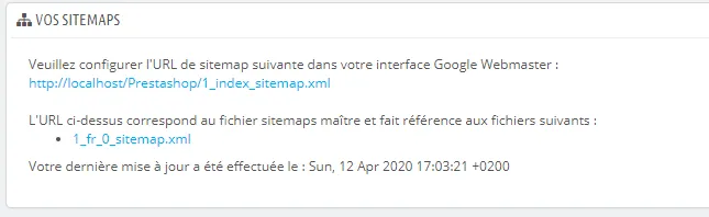 Interface de génération du sitemap sur Prestashop