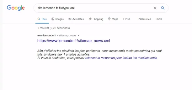 Résultat de recherche Google avec filetype:xml pour trouver le sitemap